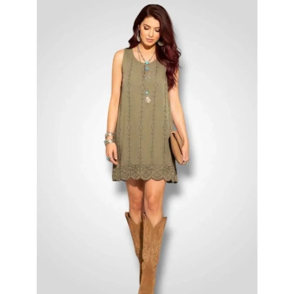 Olive Green Sequin Beaded Mini Dress - Embroidered Boho - M